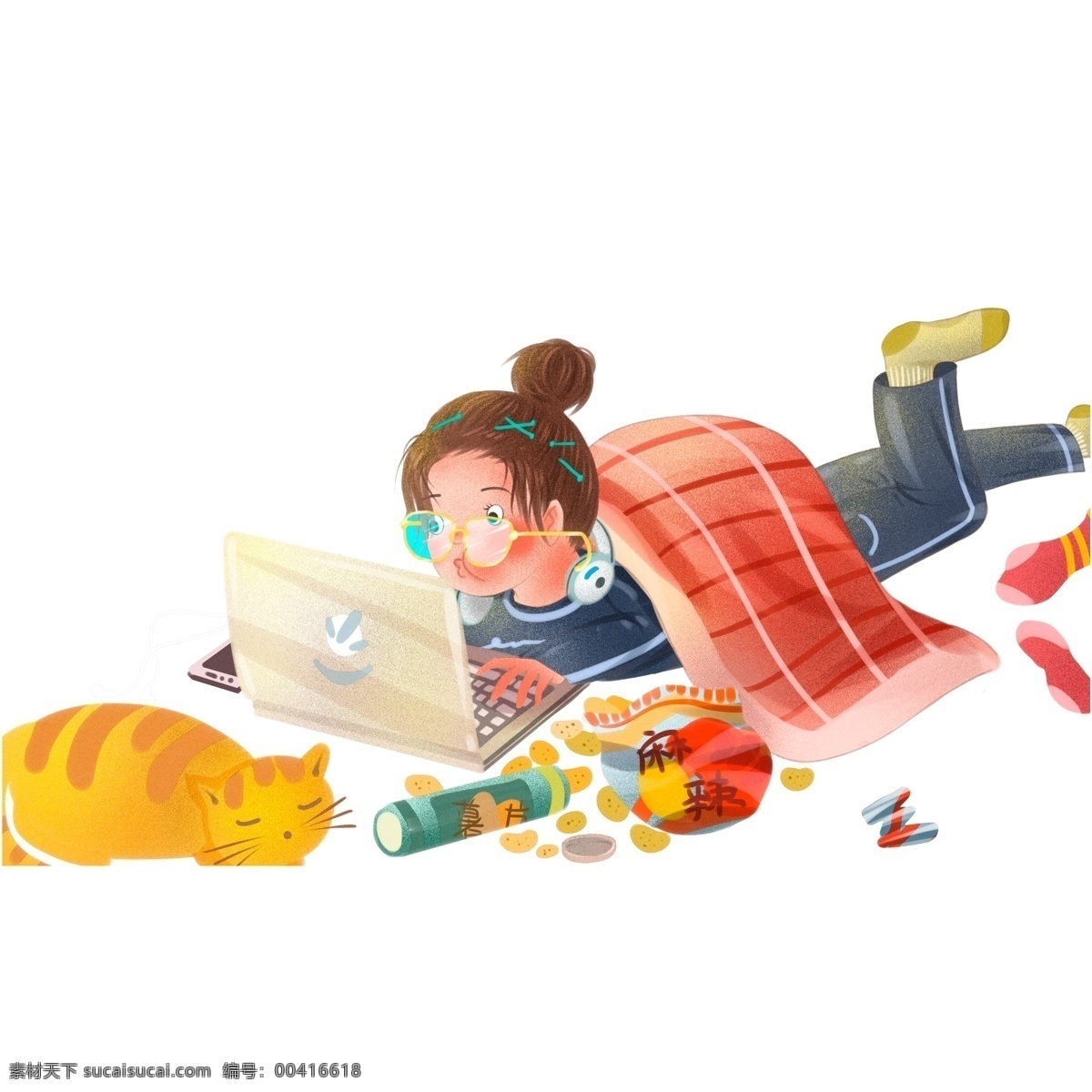 手绘 趴 玩电脑 快乐 肥 宅 插画 宅女 人物 快乐肥宅 女人
