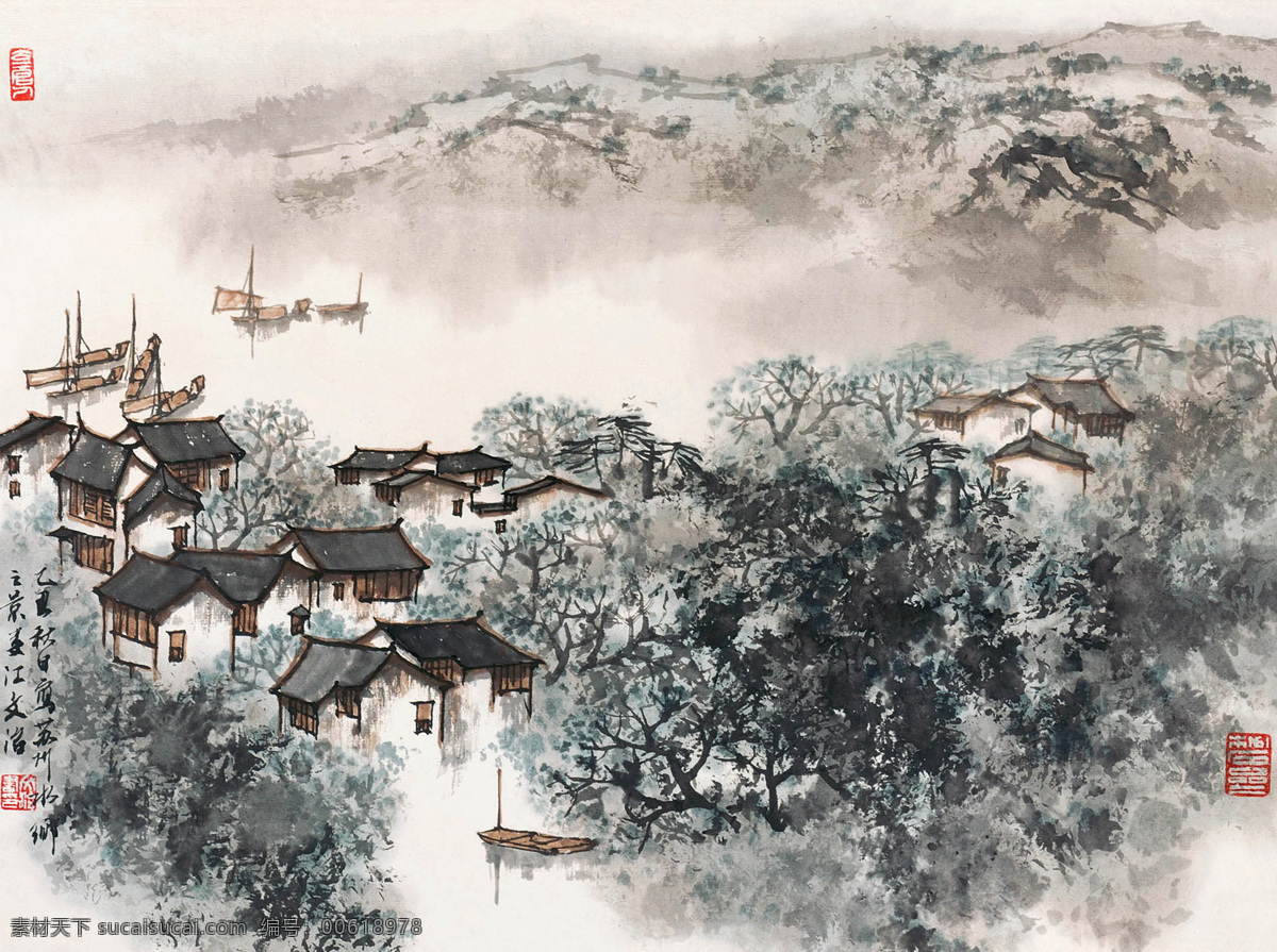 太湖风光 宋文治 国画 太湖 清晨 水居 江南 山水 山水画 写意 水墨画 中国画 绘画书法 文化艺术 国画宋文治