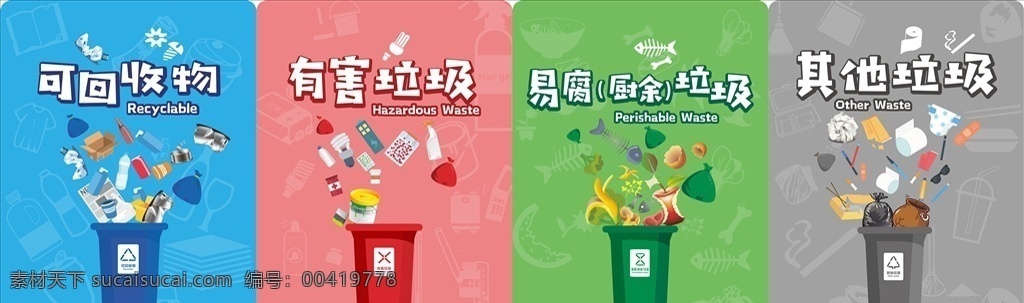 垃圾桶 海报 文化墙 新图标 2020新 垃圾分类标识 可回收物 有害垃圾 易腐垃圾 其他l垃圾 元素