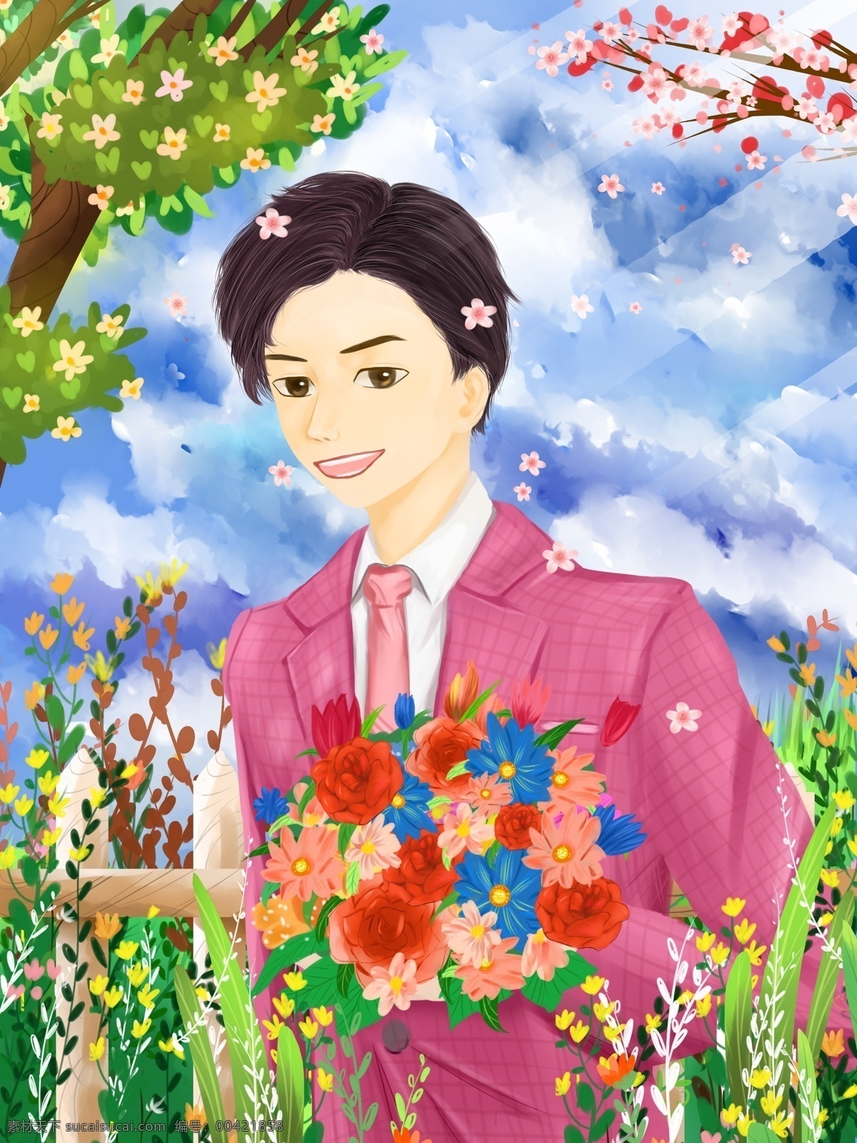 期待 爱 520 男孩 手 捧 花束 告白 恋爱 插画 期待爱 表白 西服 爱情 自然 手绘