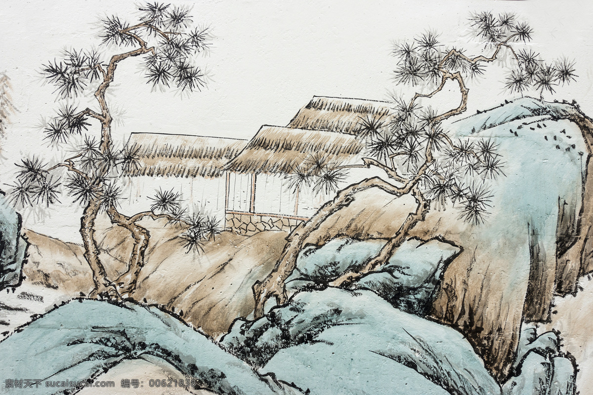 山间 茅屋 工笔画 松树 松间 山石 石头 工笔 中国 传统艺术 中国风 仙境 国画 复古 乡村 山水 彩色 水墨风 意境 文艺 水墨 艺术 水彩 高山 文化艺术 绘画书法