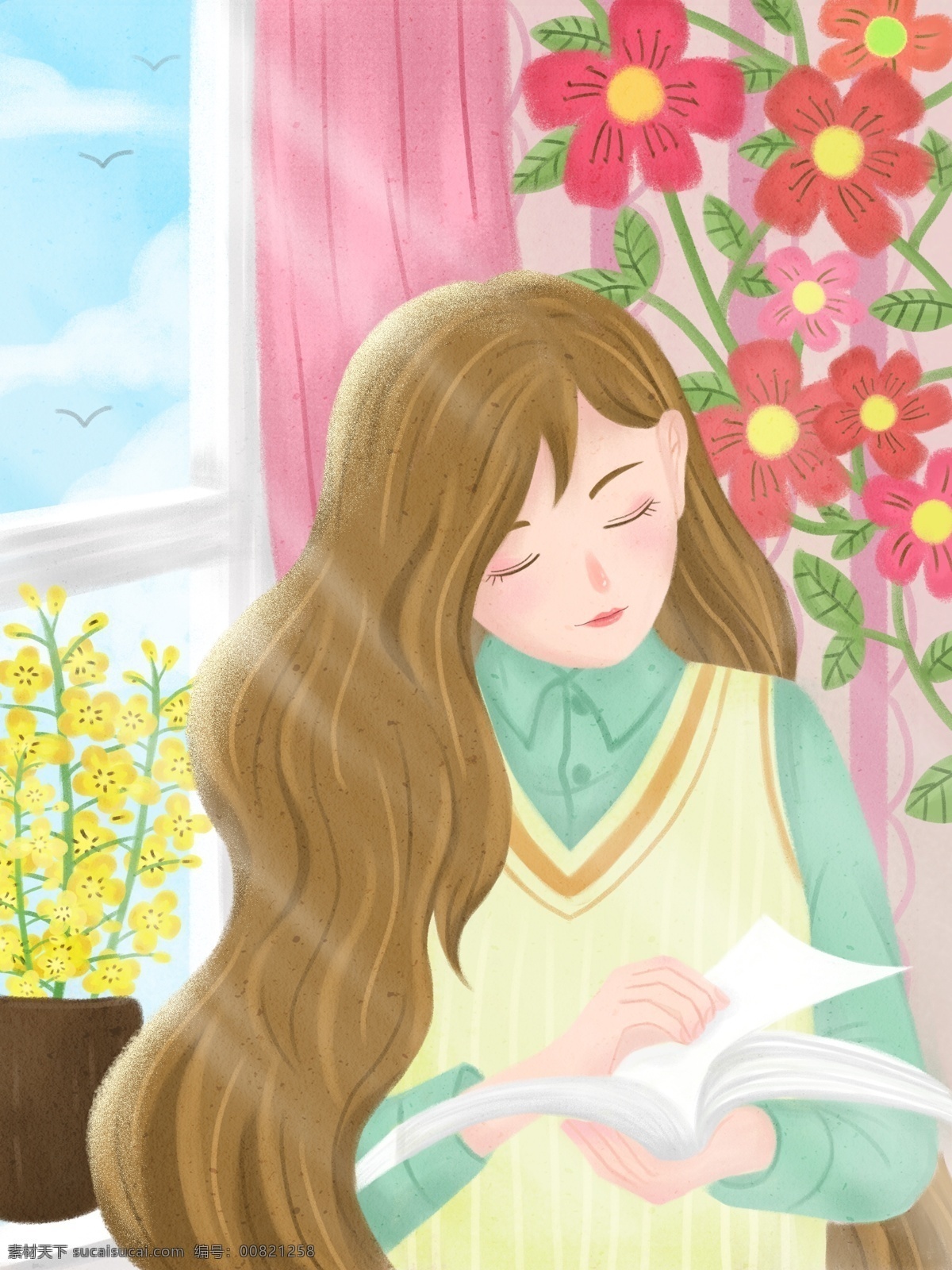 早安 你好 女孩 早读 看书 清新 肌理 插画 花朵 唯美 纹理 早上 窗边 阳光 治愈 学习 长发 女生
