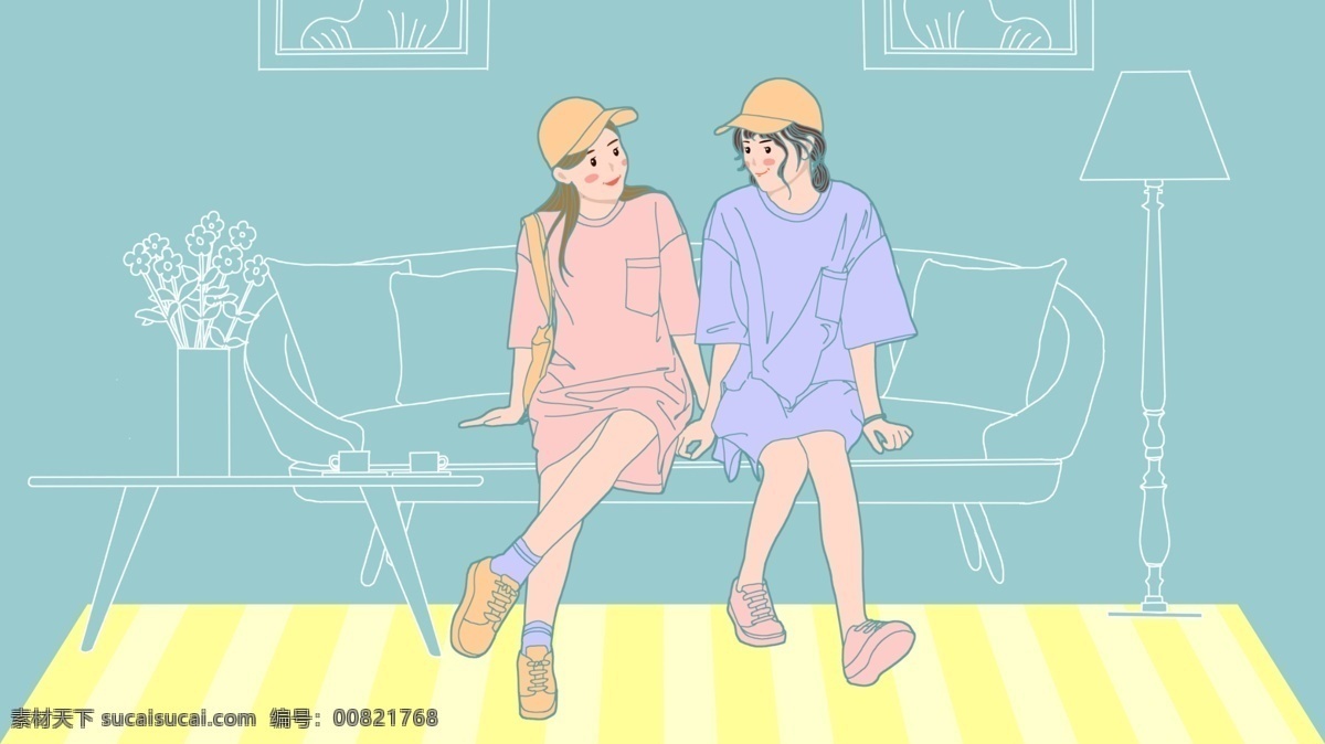 虚实 象生 青年节 闺 蜜 谈心 小 清新 文艺 原创 插画 青年 女生 闺蜜 虚实象生 小清新 居家