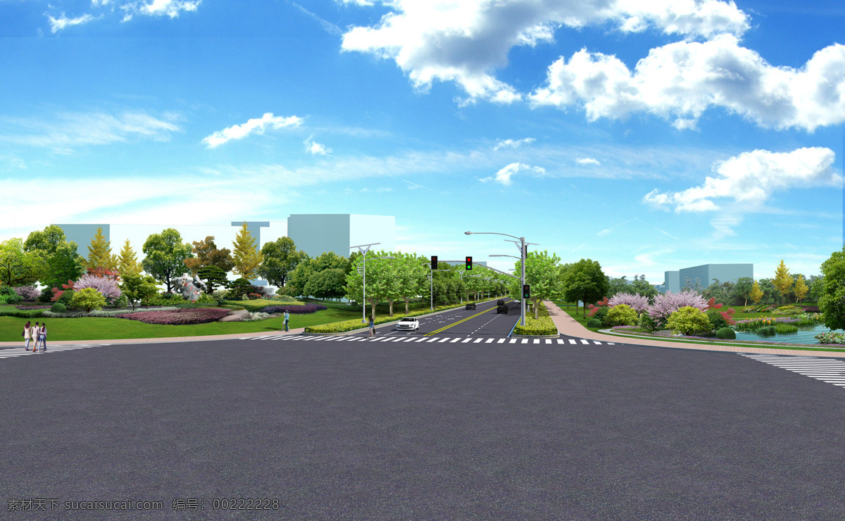 十字路口 道路 绿化 效果图 道路绿化 红绿灯 双向四车道 带水景 道路入口 植物绿化 路灯 环境设计 园林设计