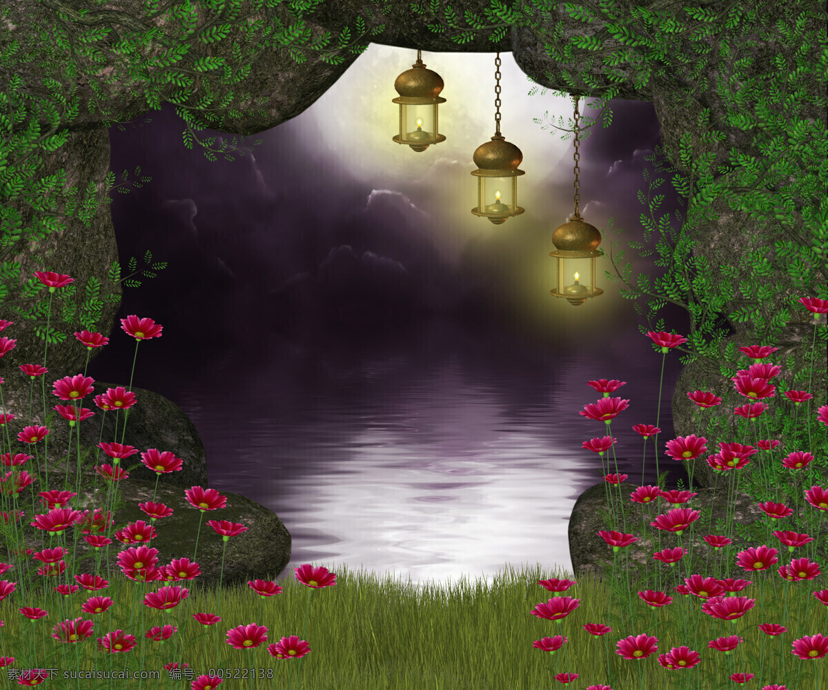 湖泊夜景风光 树木 鲜花 湖泊 吊灯 草地 山峰 风景漫画 动漫动画