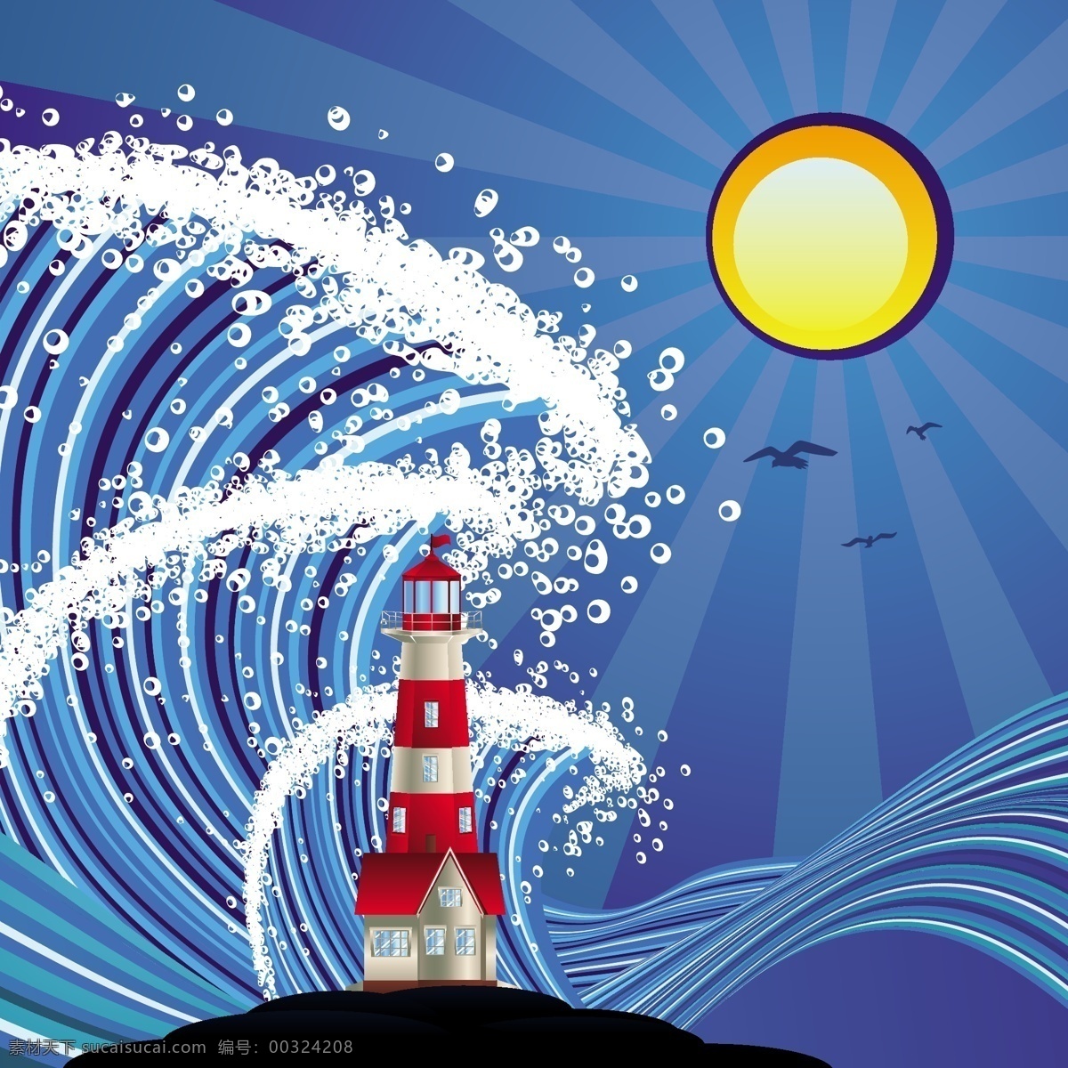蓝色 大海 灯塔 矢量 海浪 海水 浪花 太阳 阳光 照射 矢量素材 插画 漫画 水珠 动漫动画 风景漫画