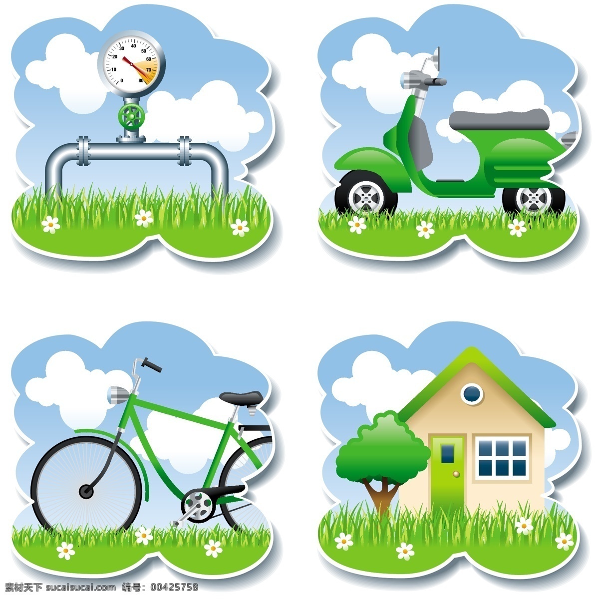 生态环境 摩托车 自行车 单车 房屋 生态房屋 环保模特 环保房屋 生态图标 生态元素 生态素材 生态背景 交通工具 现代科技