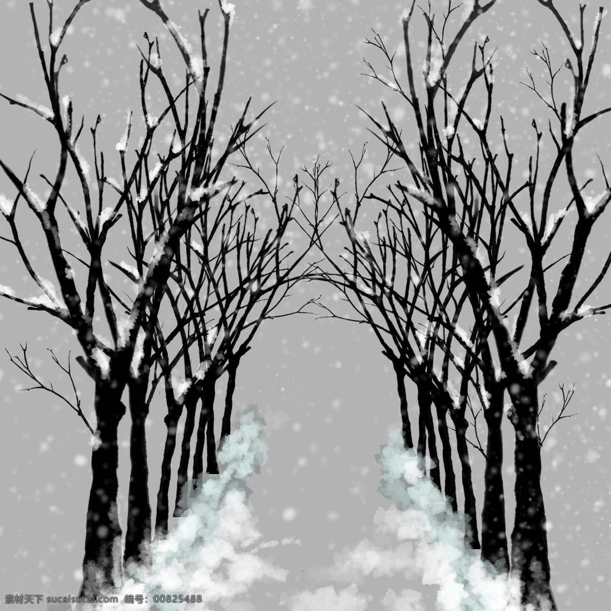 冬季 积雪 暗色 树林 寒冷 手绘 免 抠 积雪树林 暗色树枝 免抠图 写实 唯美 雪花飘落 排列树 地面积雪