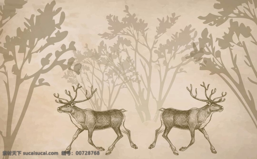 手绘鹿 树林 树木 剪影 鹿 手绘 梅花鹿 背景墙 背景墙移门 生物世界 野生动物