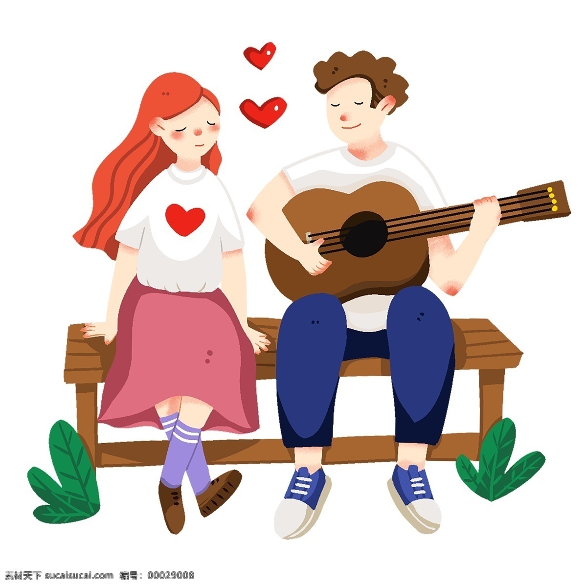 手绘 卡通 情人节 情侣 浪漫 爱情 可爱 幸福 甜蜜 矢量 情人节快乐 214 弹吉他 座椅