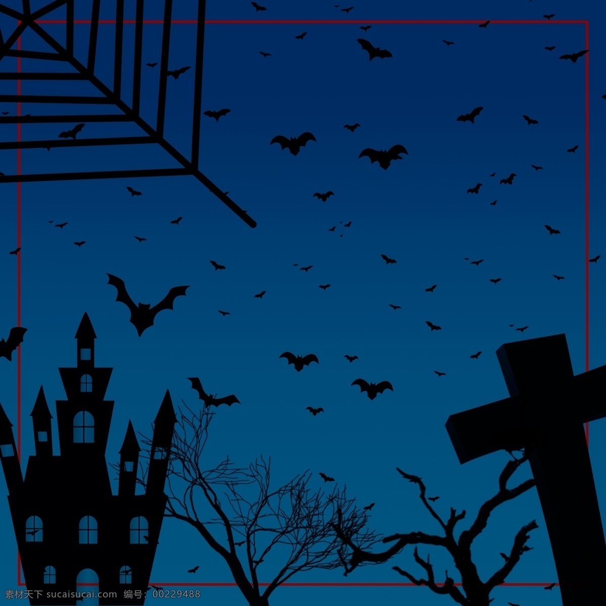 蓝色 阴森 恐怖 古堡 荒地 万圣节 背景 蜘蛛网 十字架 背景素材 蝙蝠 恐怖阴森