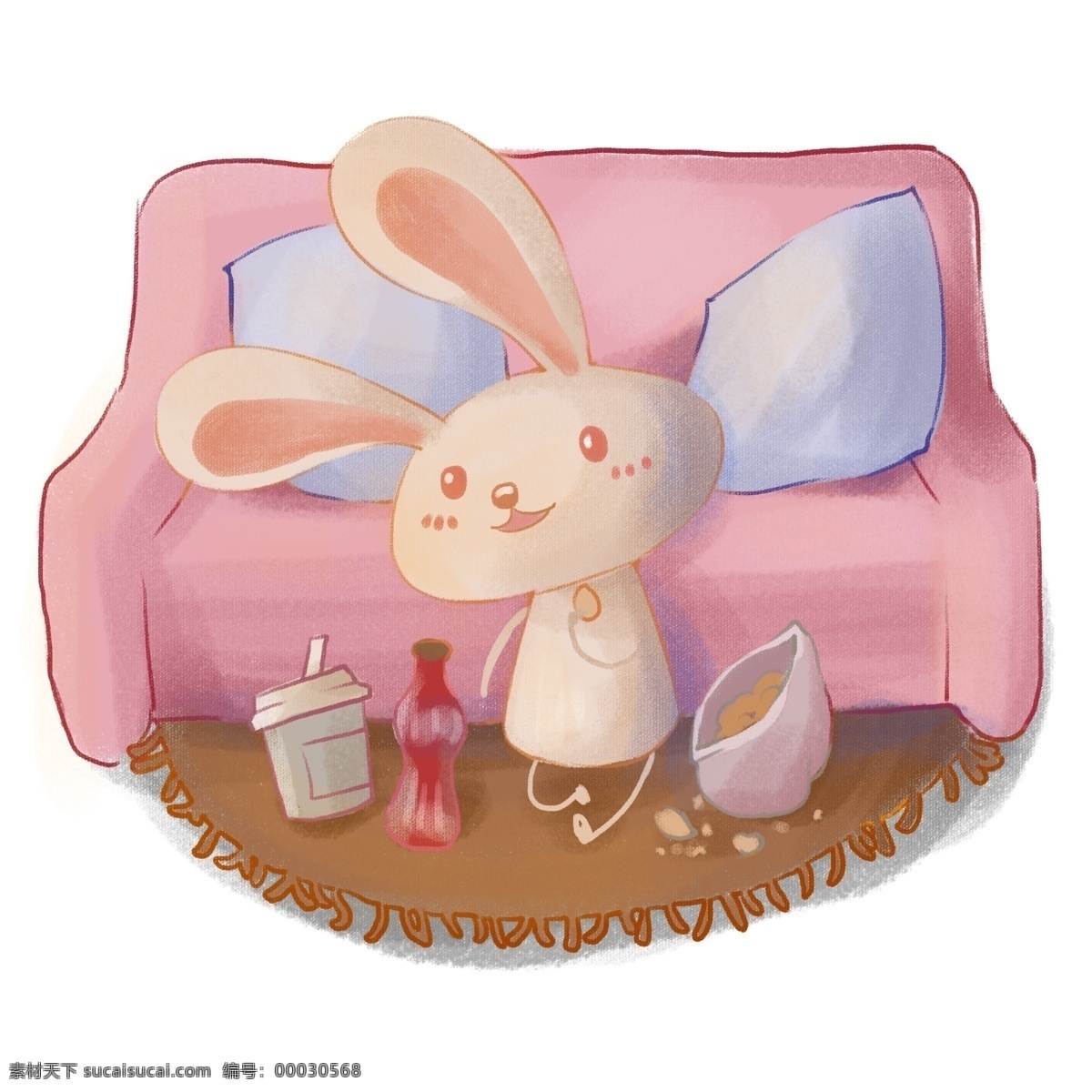 手绘 卡通 可爱 兔子 在家 沙发 抱枕 零食 颓废 现代生活 享乐 安逸