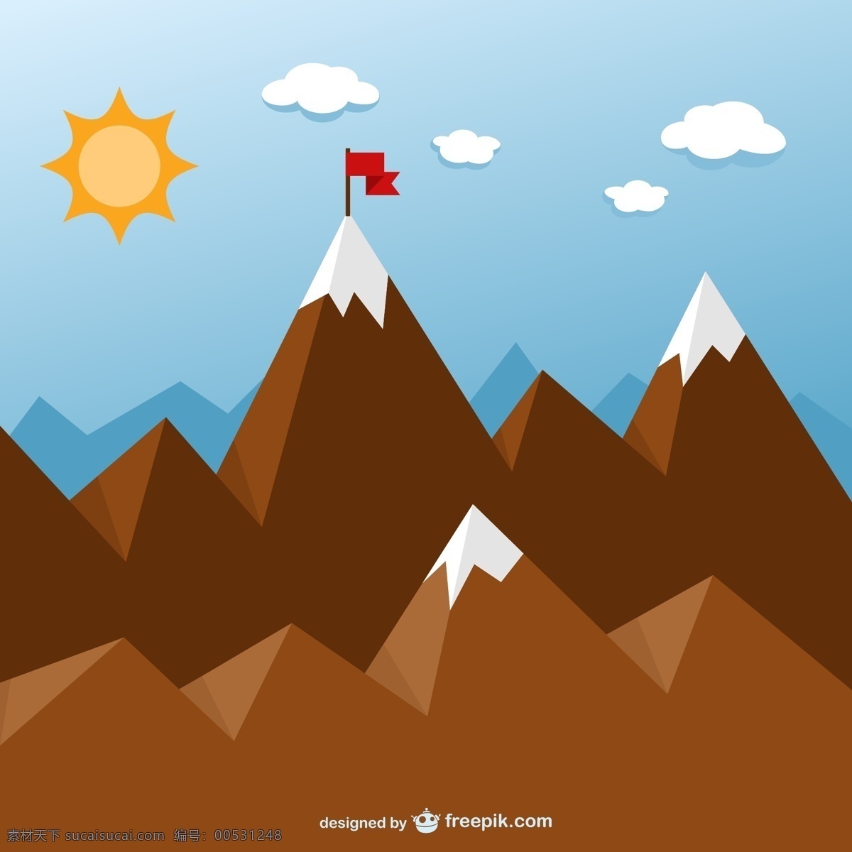 卡通 山峰 背景 登山 户外 攀登 旗帜 矢量图 太阳 云朵 其他矢量图