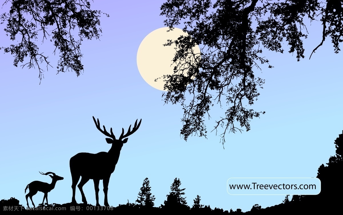 夜晚森林剪影 夜晚 月亮 剪影 鹿 鹿妈妈和孩子 母子 温馨 矢量图 自然景观