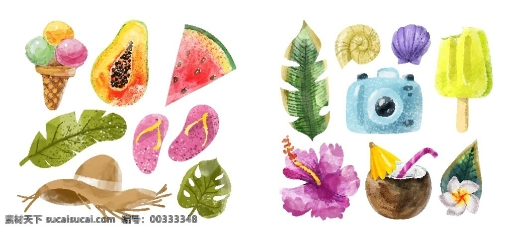 彩绘夏季元素 水彩绘 夏季旅行 树叶 海螺 贝壳 雪糕 照相机 扶桑花 椰子 鸡蛋花 椰汁 文化艺术 传统文化