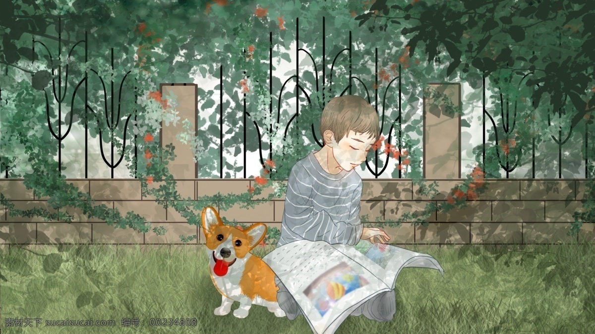可爱 清新 草地 上 看书 小 男孩 小狗 植物 花卉 小孩 宠物 阅读