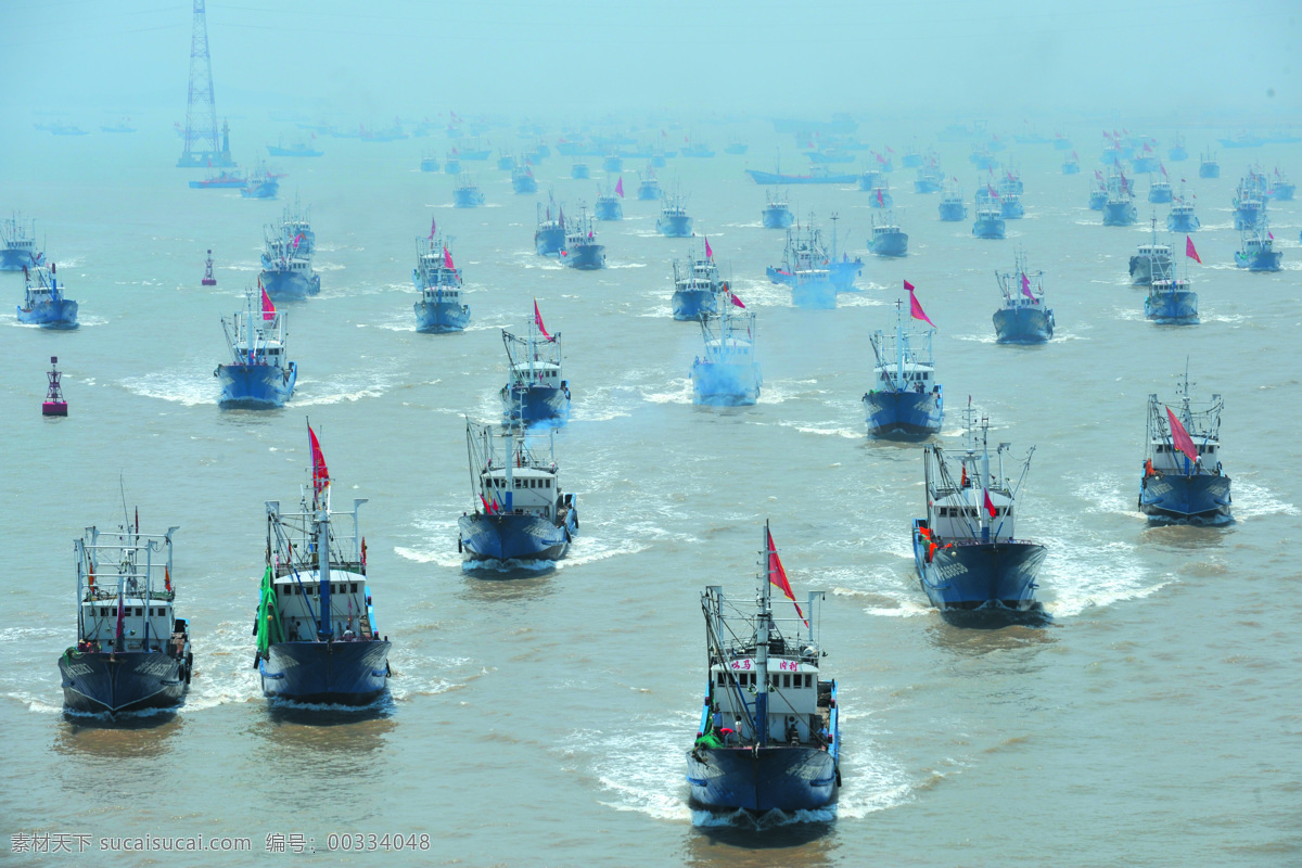渔船出海 舟山 渔船 出海 海洋 文化 工业生产 现代科技 青色 天蓝色