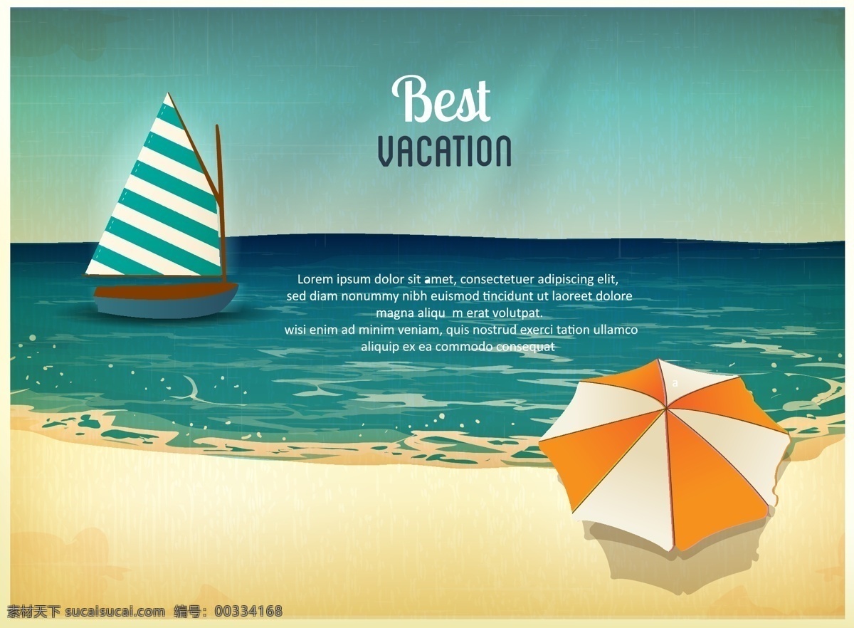 美丽 大海 风景 插画 夏天 太阳伞 帆船 沙滩