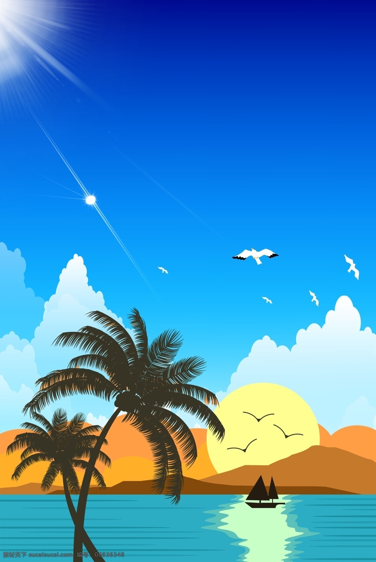 自然 海边 风景 创意 背景 合成 自然风景 海景 海鸥 椰子树 海岛 帆船 卡通