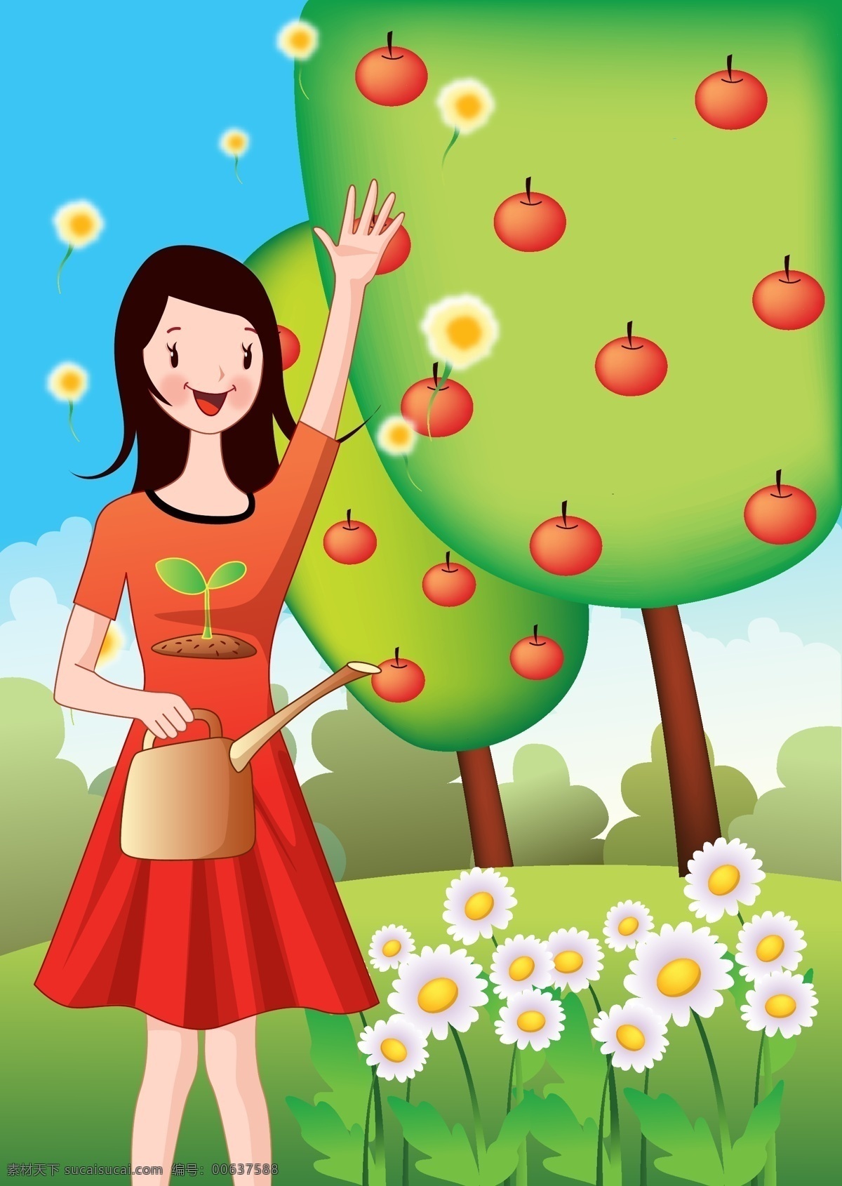 植树节 灌溉 苹果树 女性 节日海报 果林 花卉 雏菊 浇水 白色