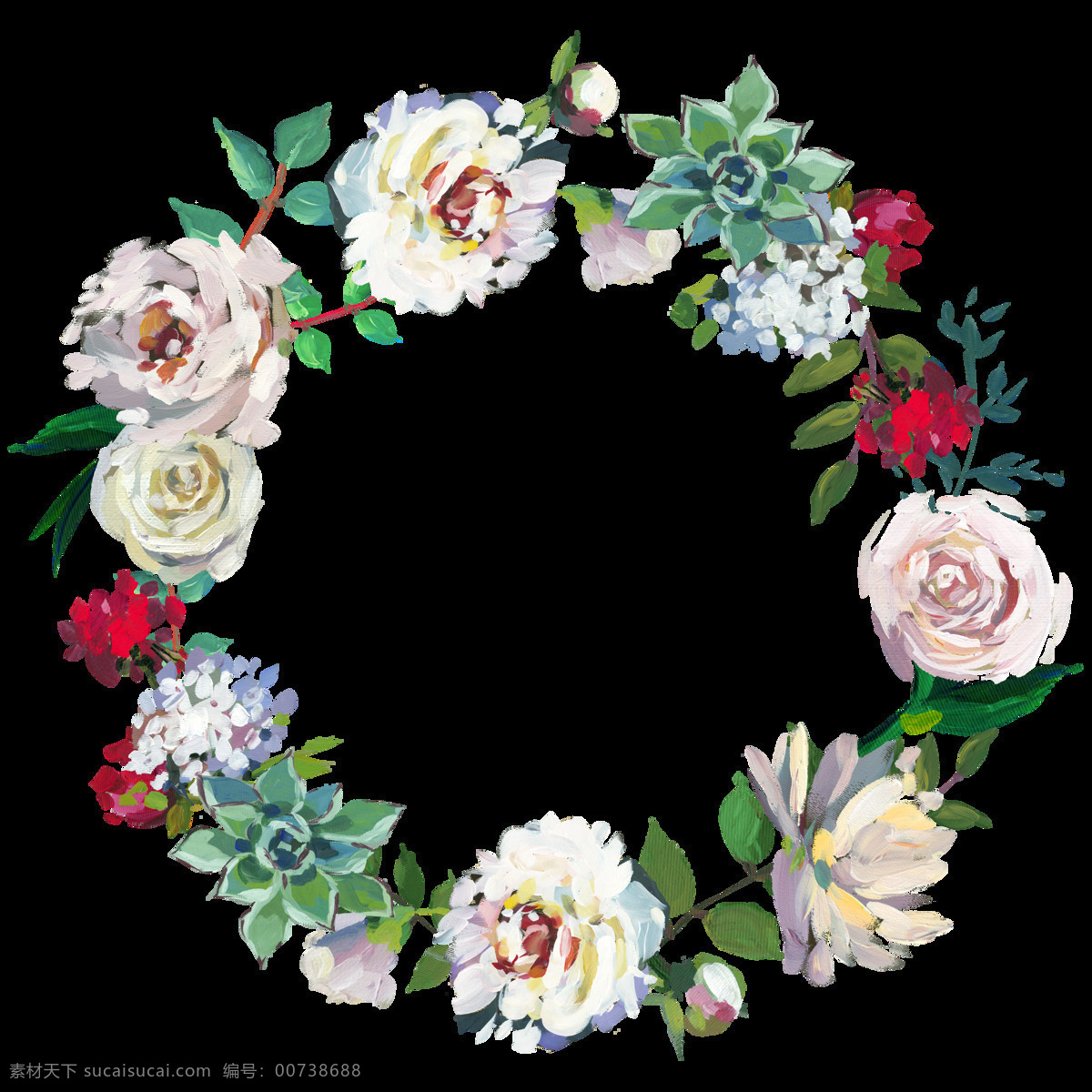 手绘 白色 花卉 花环 透明 粉红色 红色 绿色 玫瑰花 免扣素材 水彩 透明素材 植物 装饰图案