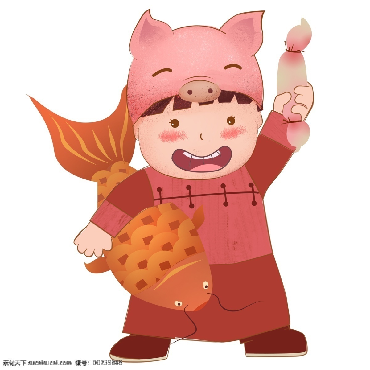 手绘 卡通 男孩 猪年 抱 鲤鱼 原创 元素 帽子 可爱 设计元素 中国年 年年有余 年画 原创元素