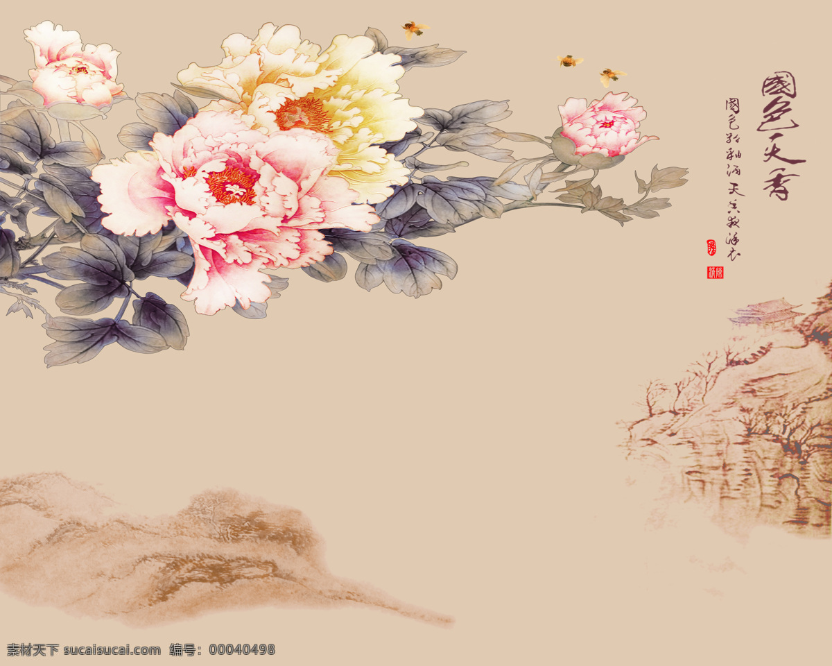 国色天香 瓷砖 背景 墙 牡丹花 中国画 国画 山水画 中国风 中式 传统 经典 古典 背景墙 电视背景墙