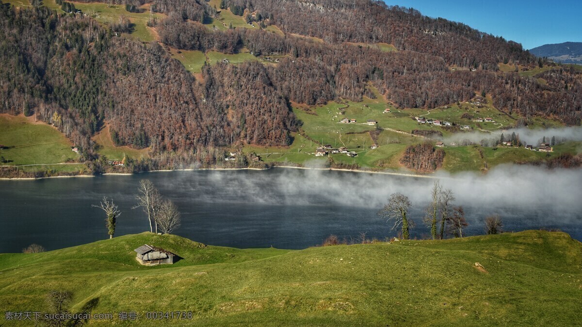 瑞士景观 萨尔嫩 瑞士 雾 性质 景观 山 天空 雾之海 树木 湖 徒步旅行 棚屋 山上的小屋 自然景观 山水风景