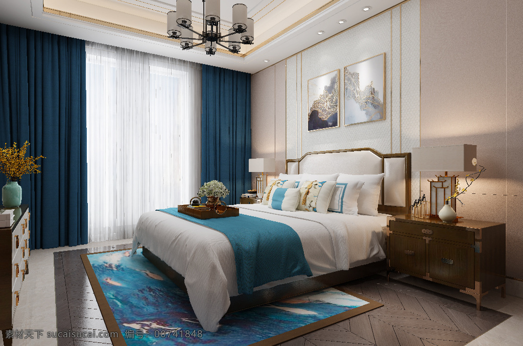 新 中式 风格 轻 奢 卧室 效果图 温馨 大气 时尚 3d 新中式 轻奢 舒适