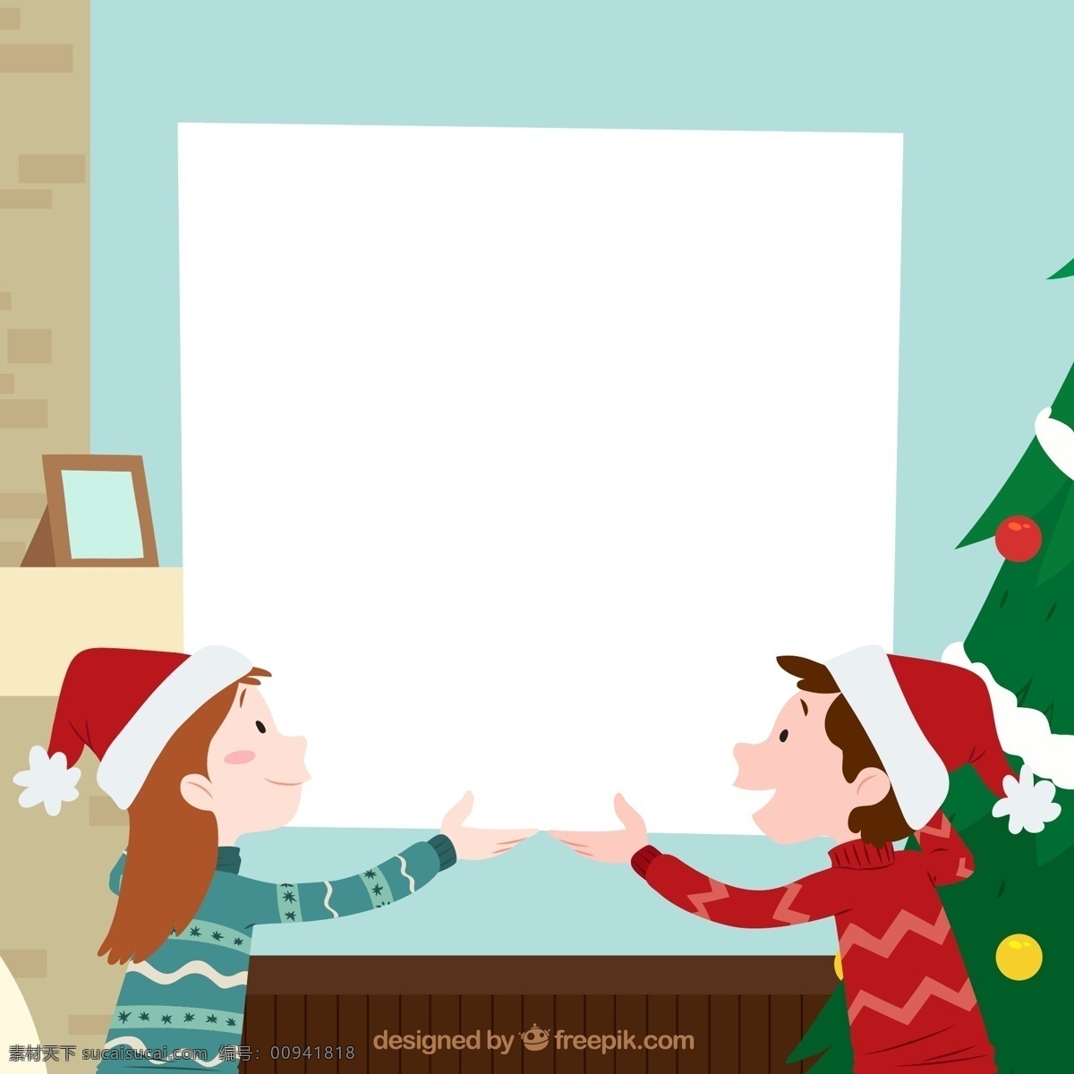 创意 举 白纸 板 人物 矢量 白纸板 节日 帽子 圣诞节 圣诞树