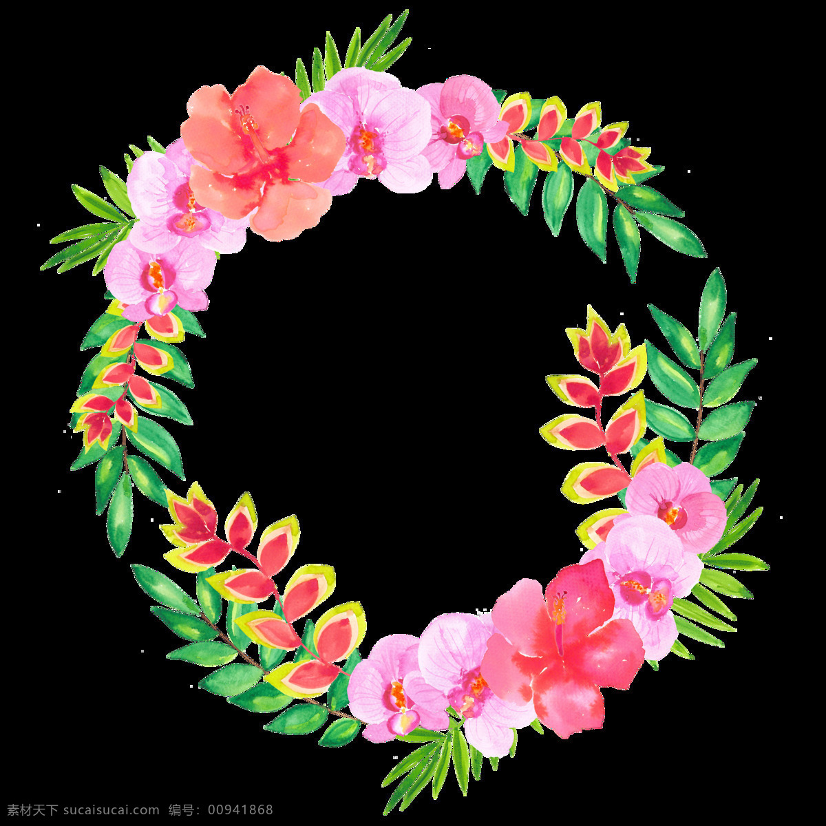 明媚 粉 系 花朵 手绘 花环 装饰 元素 边框 春天 淡雅 粉色花朵 绿叶 手绘小清新 圆形