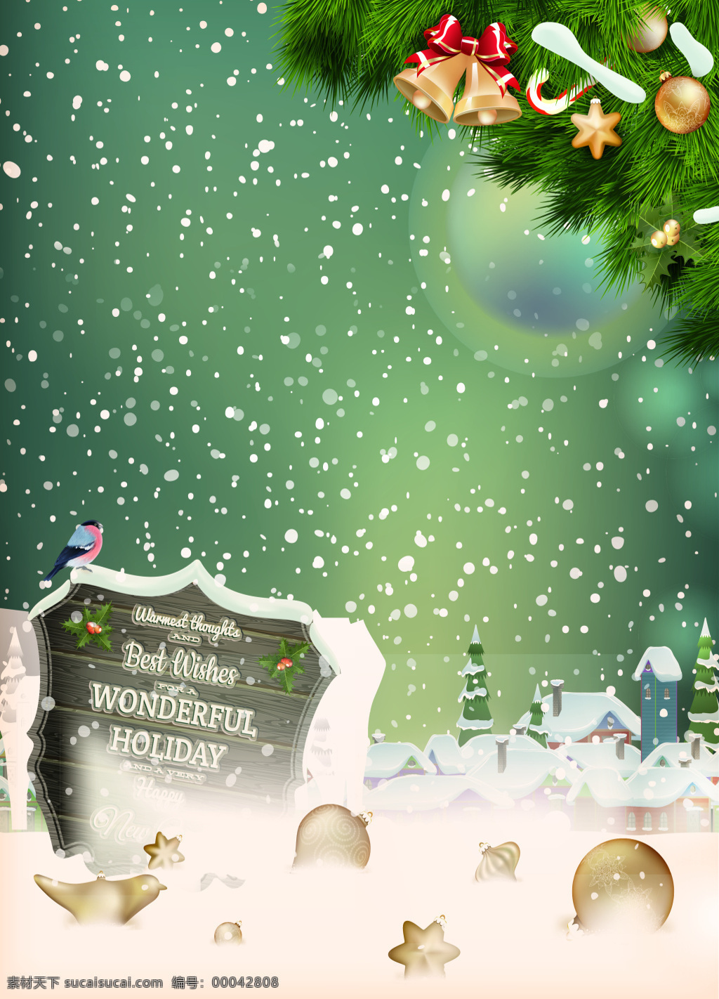 圣诞树 飘 雪 盾牌 海报 背景 飘雪 铃铛 节日 矢量 开心 文艺 小清新 简约