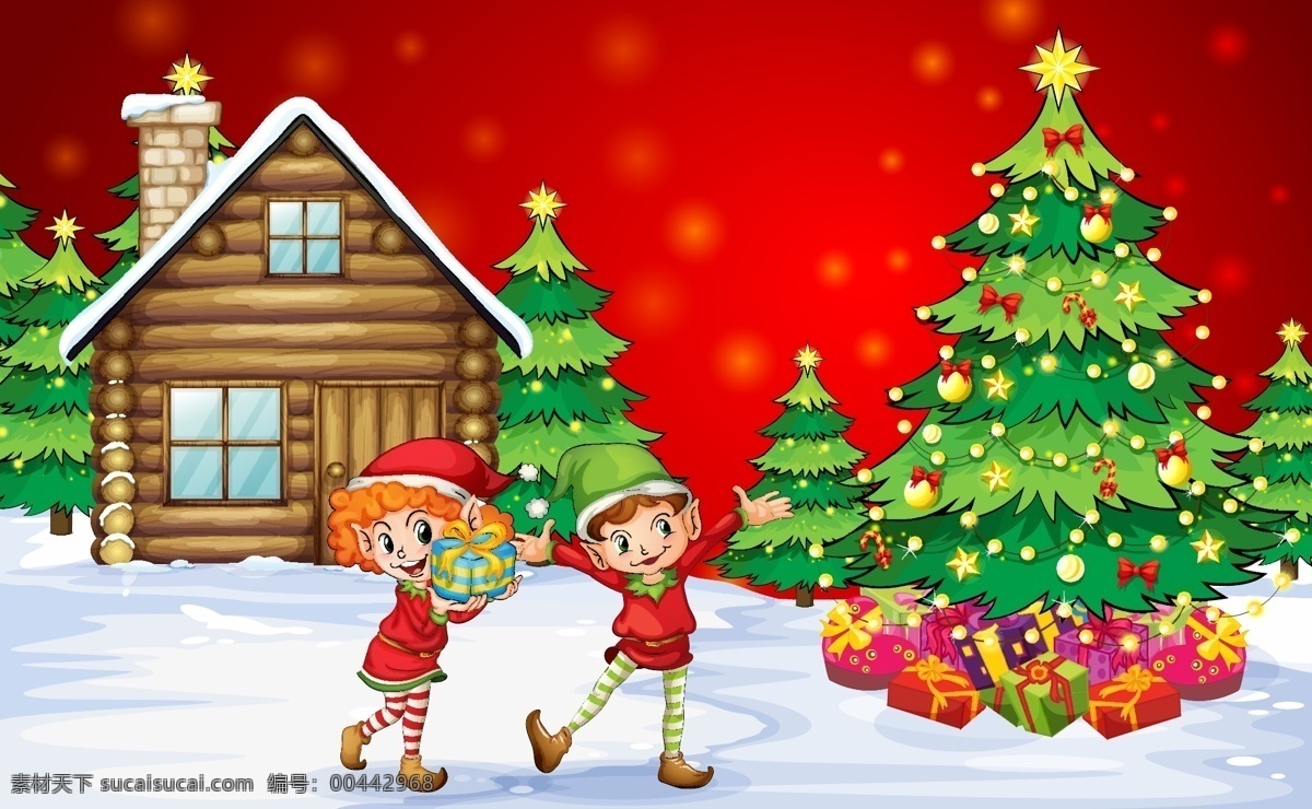 卡通 圣诞节 插画 矢量 孩子 节日 礼包 木屋 圣诞树 矢量图 小朋友 雪花 雪季 节日素材