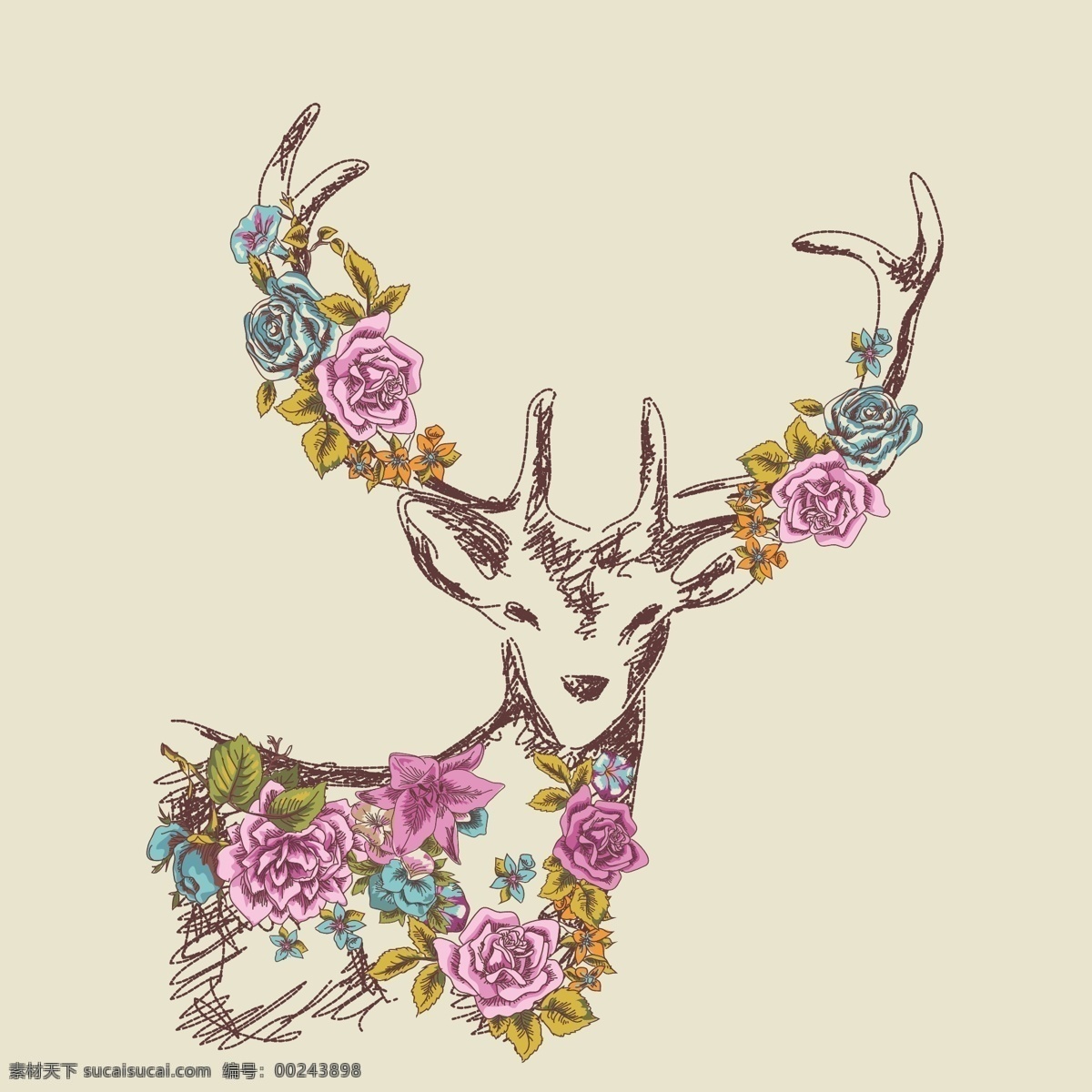 繁花与麋鹿 圣诞节 麋鹿 创意设计 矢量素材 背景 圣诞 英文 几何麋鹿 繁花