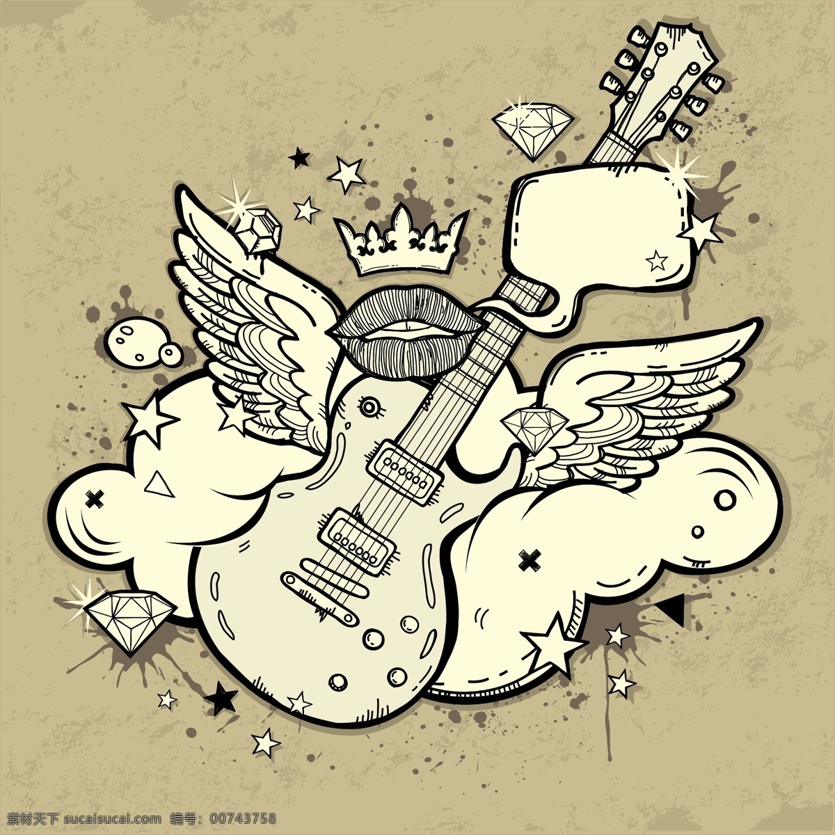 飞翔 吉他 矢量图 云朵 麦克风 翅膀 双翼 吉他乐器 摇滚音乐 音乐海报 影音娱乐 生活百科 矢量素材 白色