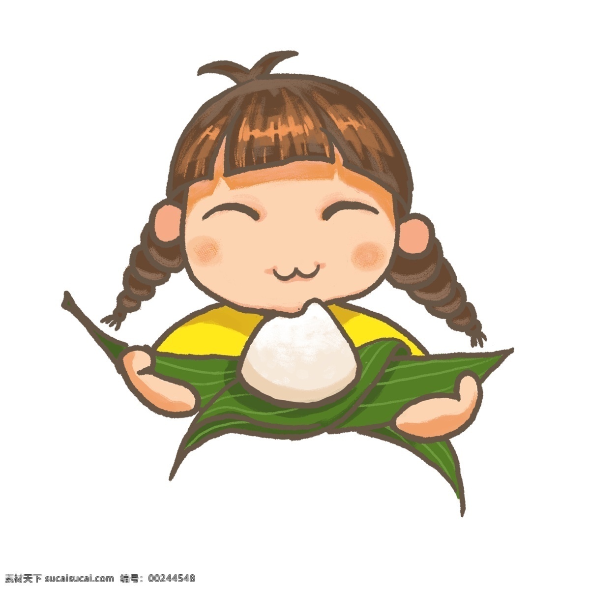 端午节 板 绘 小女孩 吃 粽子 吃粽子 可爱风 板绘 手绘 麻花辫 绿色叶子 棕色头发 q版