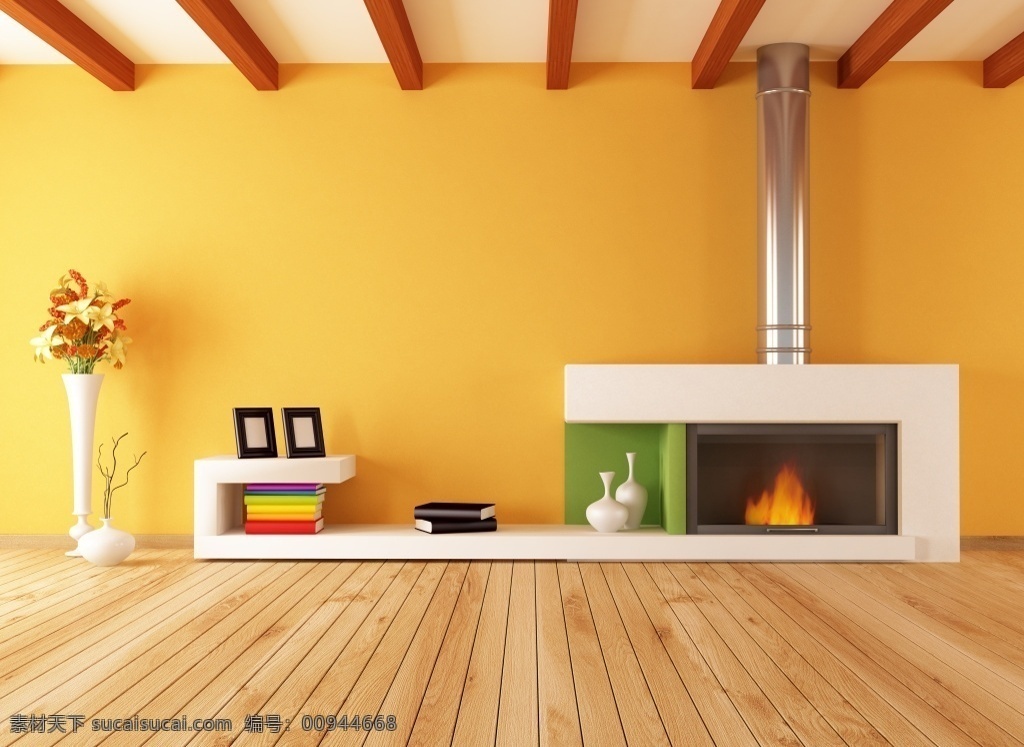 现代 简约 客厅 壁炉 亮 黄色 墙面 家装 室内 效果图 木色