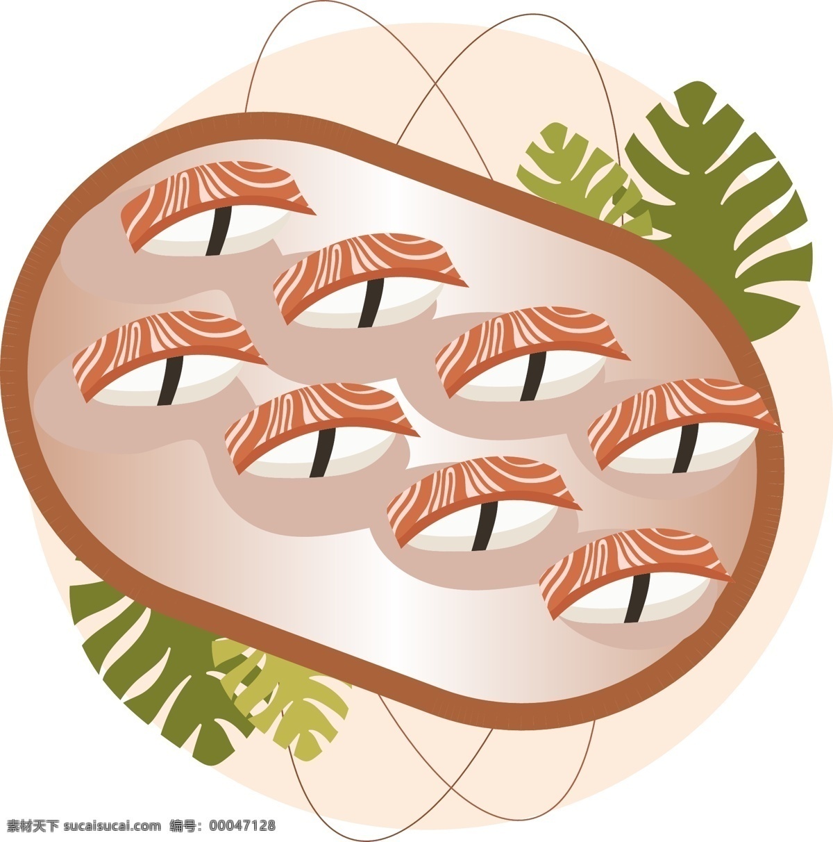 盘子 三文鱼 紫菜 日式 寿司 元素 米饭 植物 叶子 创意 卡通 可爱 三文鱼寿司 简约 食物 美味 美食 诱人 食材