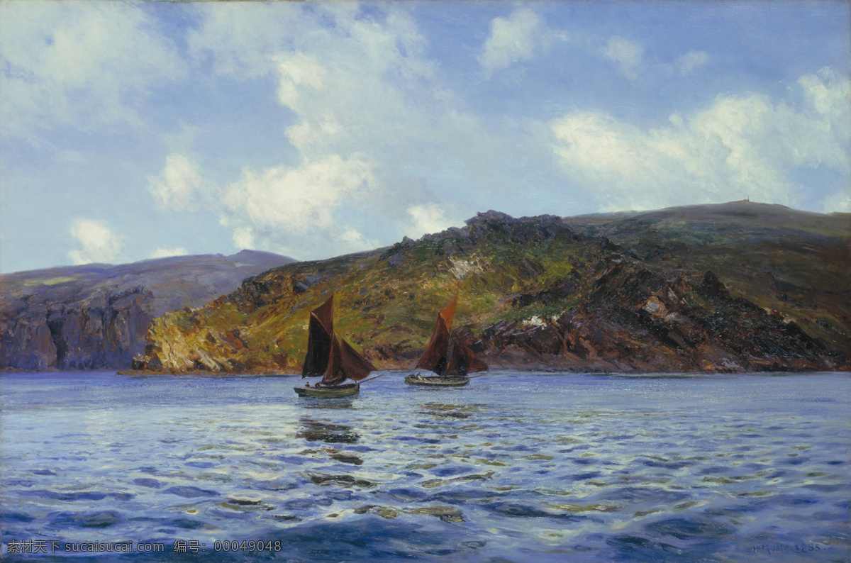 波涛 船帆 大海 风景 海岛 绘画书法 文化艺术 小岛设计素材 小岛模板下载 小岛 油画艺术 蔚蓝色 装饰素材