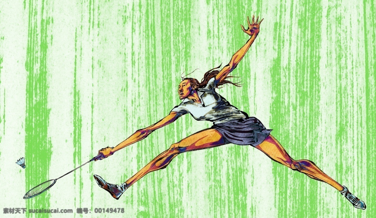 绿色 底 图 羽毛球 女 运动员 底图背景 健身 运动 打羽毛球 女运动员 psd源文件