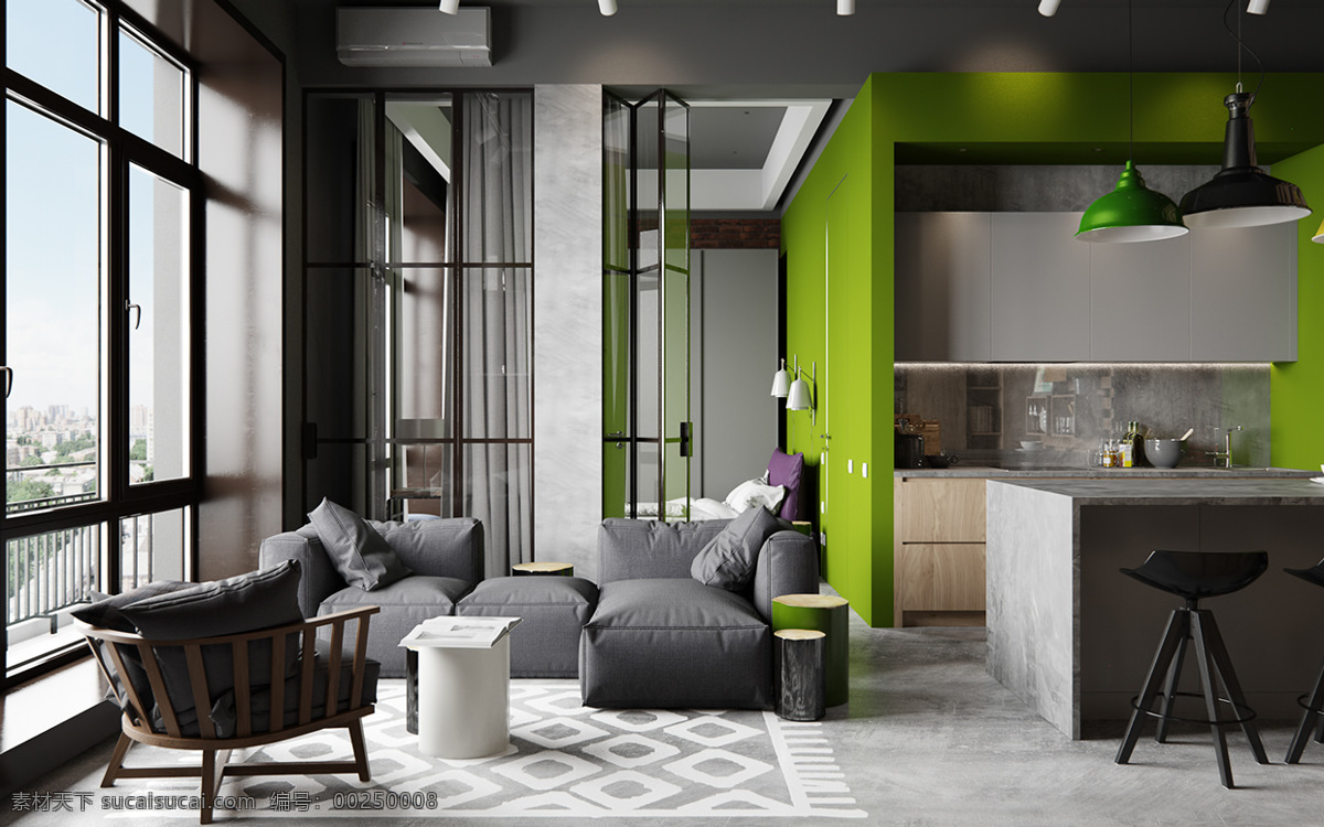 现 代工 业风 绿色 背景 墙 室内装修 效果图 客厅装修 绿色背景墙 浅色地板 深色椅子