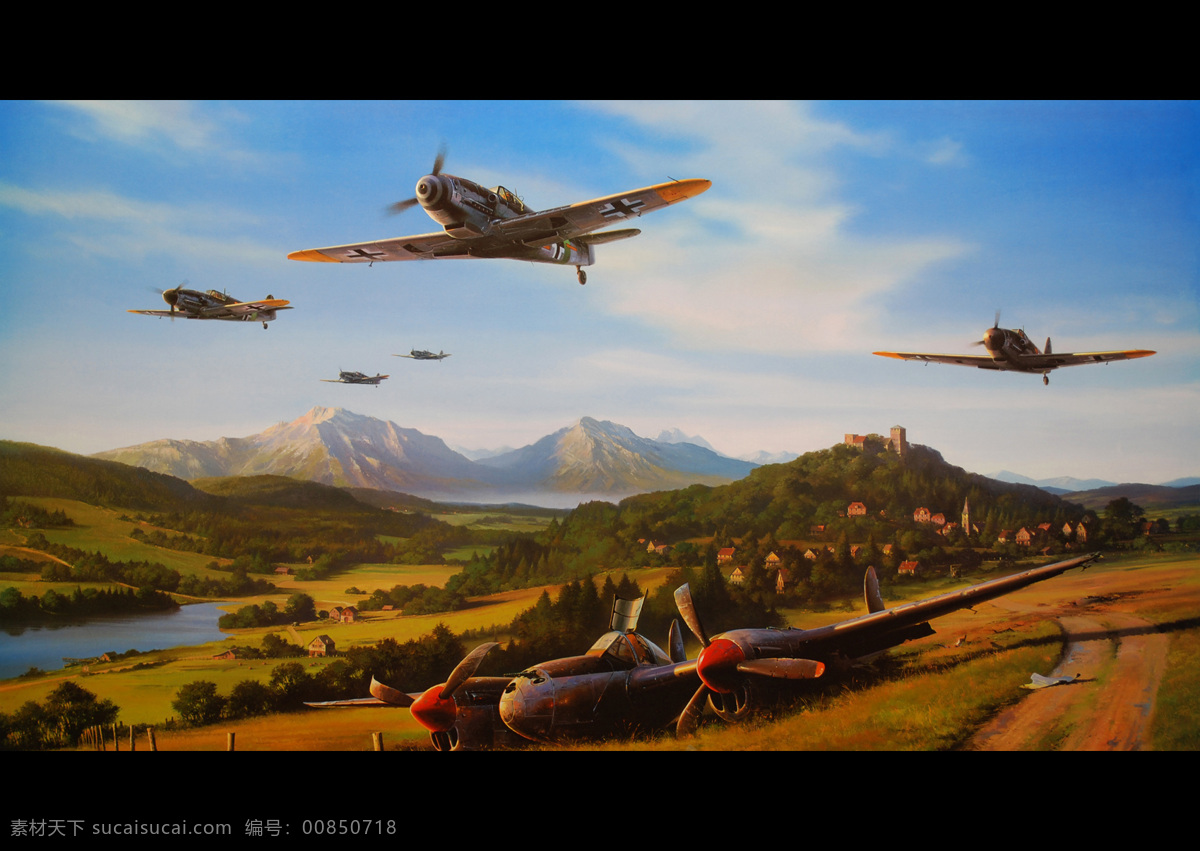 空战绘画 天空 飞机 云朵 德国 战斗机 螺旋桨 山峦 编队 二战 二战空战画册 绘画书法 文化艺术