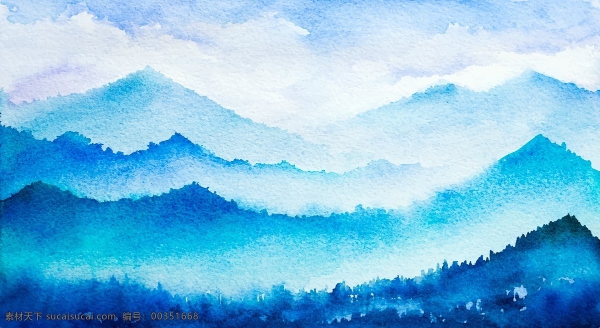 水彩画 冬季 森林 河边 矢量 水墨 远山 蓝色 卡通 山脉 风景 插画