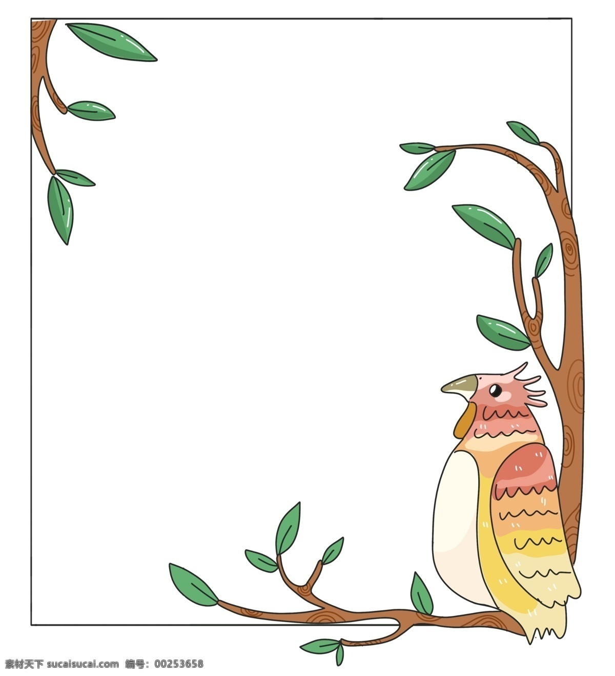 可爱 啄木鸟 边框 绿色的叶子 卡通边框 美丽边框 漂亮边框 小物边框 物品边框 可爱的啄木鸟