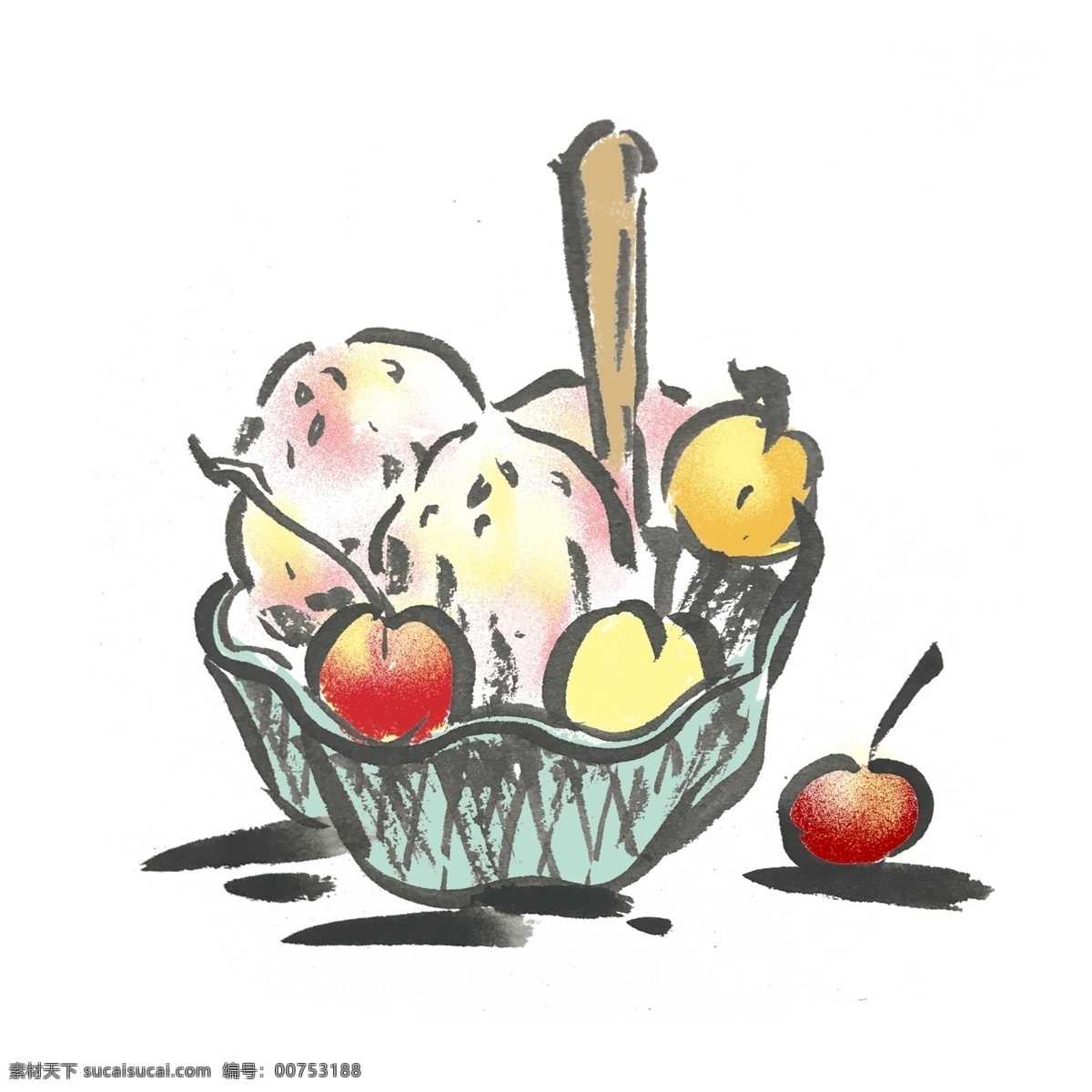 夏天 冰淇淋 水墨 风 手绘 插画 清凉 冰激凌 水果味 彩色 水墨风 中国风 童年 甜品 好吃 零度 美味 美食 蛋筒 诱人 食物