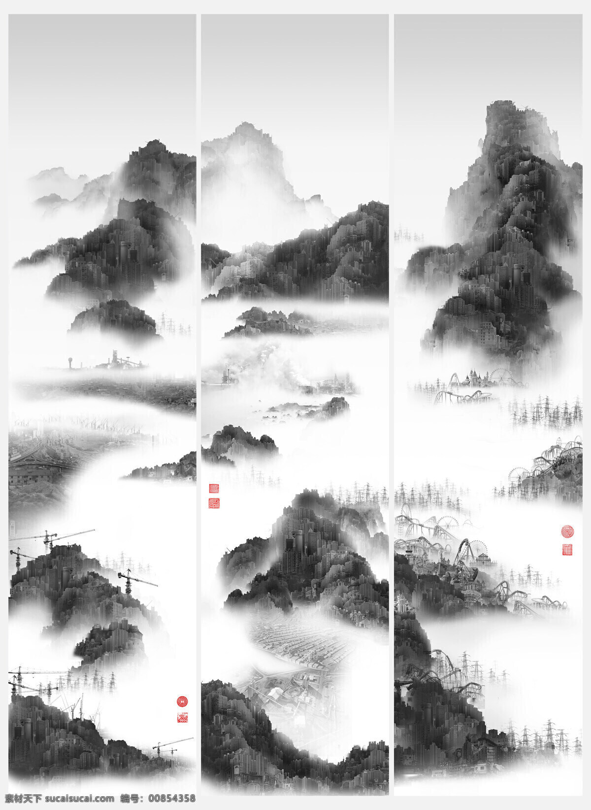 杨泳梁手绘画 中国风水墨画 山水风景画 山河风景 黑白乡村水墨 蜃市山水风景 自然景观 自然风光