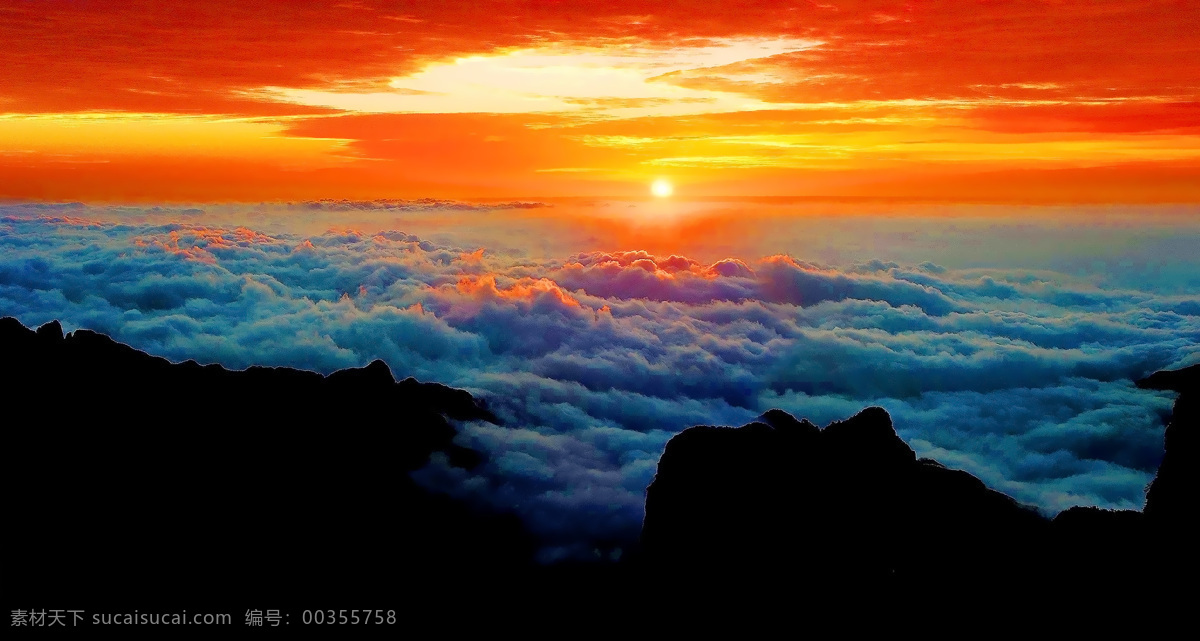 夕阳 云山 山顶 红云 彩云 云海 自然风景 自然景观