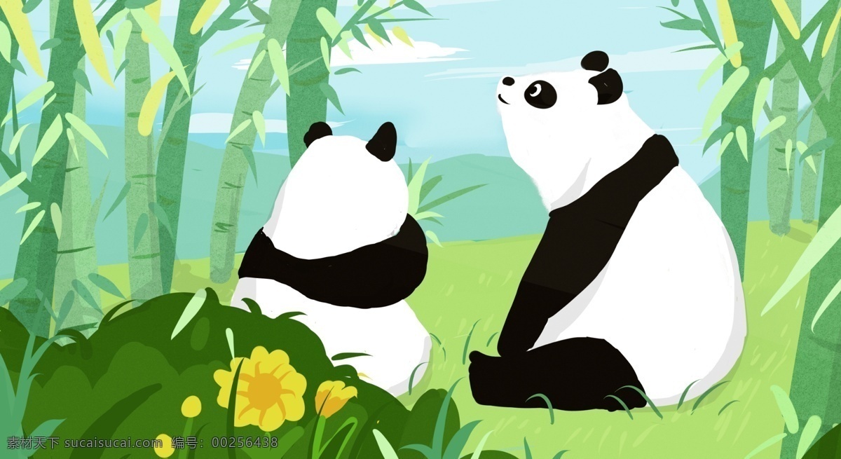 熊猫 成都 旅游 原创 插画 清新 竹叶 自然
