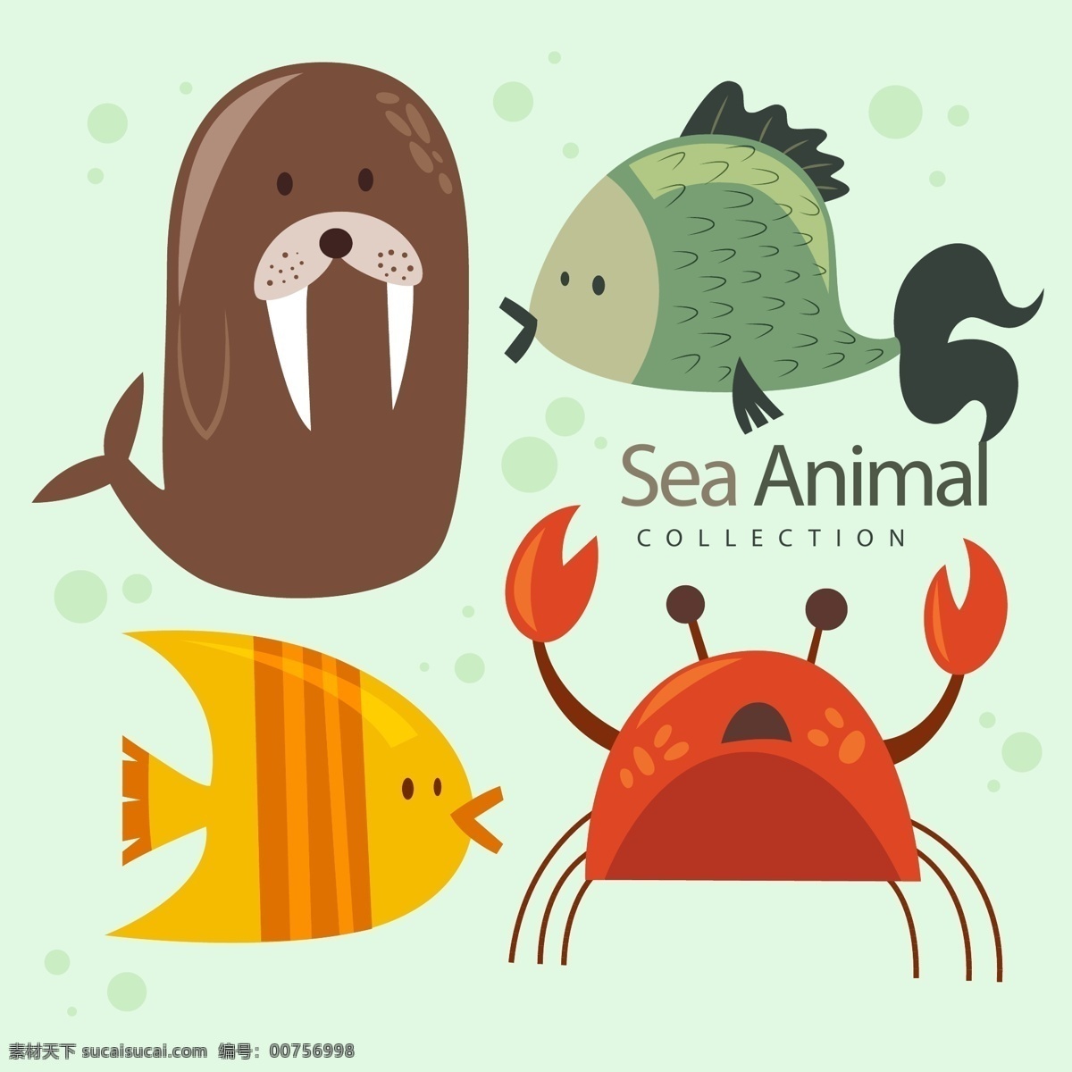 种 可爱 海洋 动物 矢量 大海 海洋动物 海象 鱼 螃蟹 文化艺术 绘画书法
