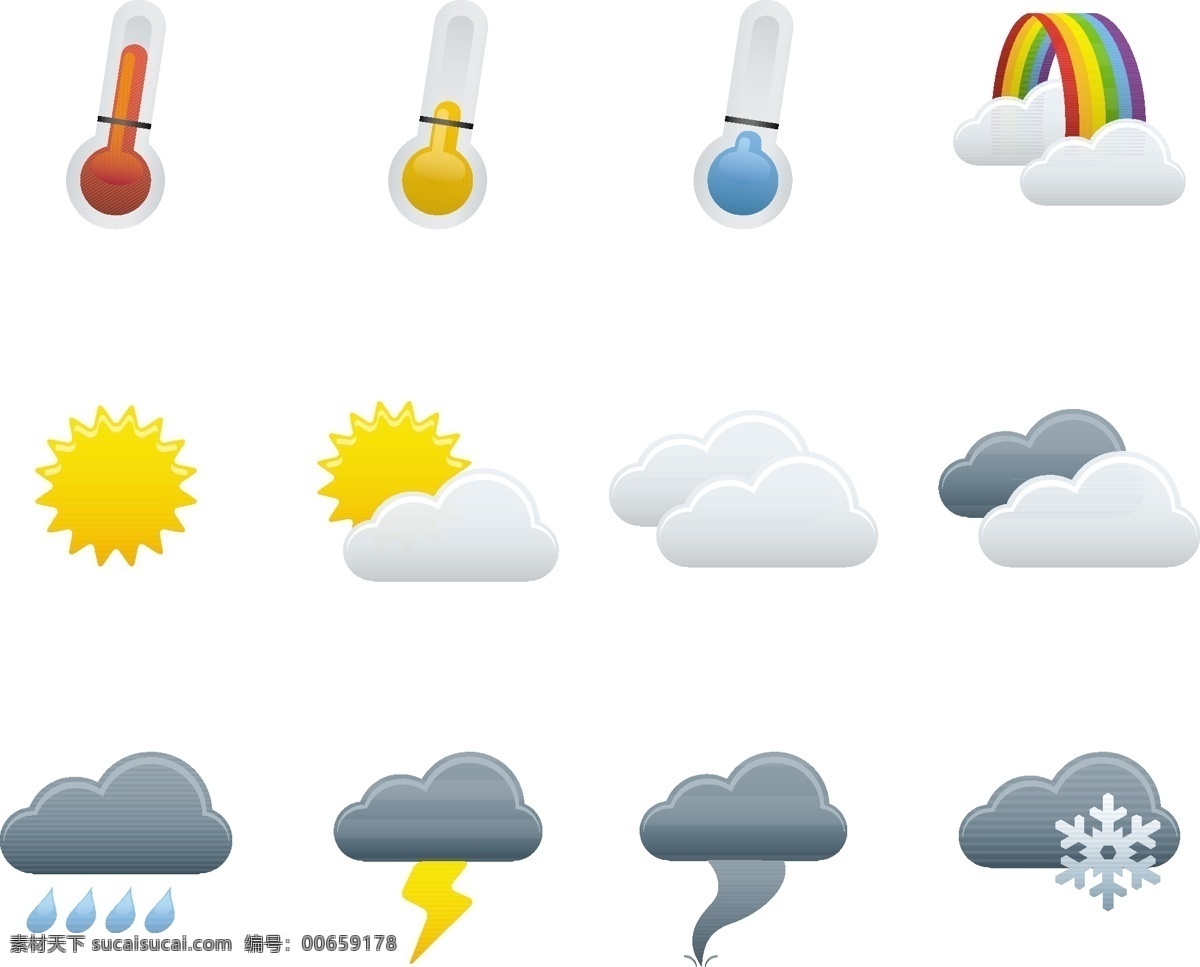 天气预报 气象 图标 矢量 彩虹 气象图标 晴天 闪电 太阳 温度 雪花 阴天 雨伞 雨天 云朵 标志 免费 矢量图 其他矢量图